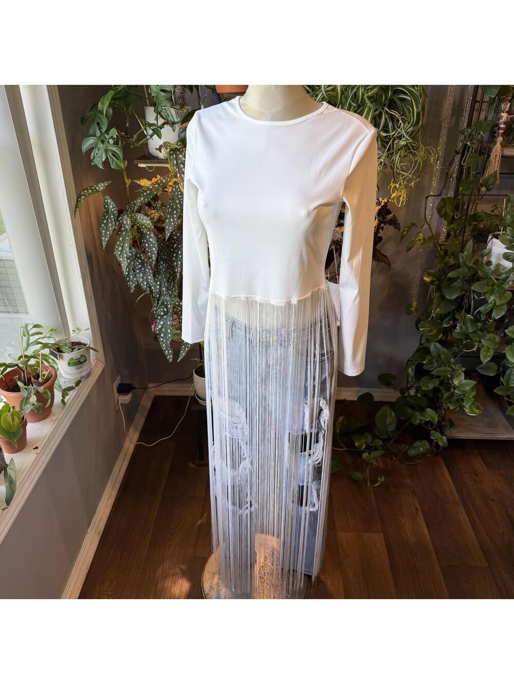 Edgy White Long Sleeve Fringe Top